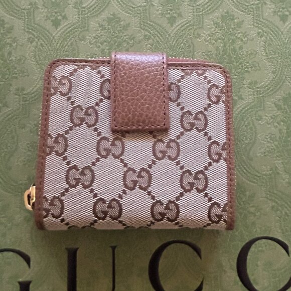 NWT Gucci Beige Original GG Canvas Brown Leather Trim Wallet 346056 - Picture 1 of 13